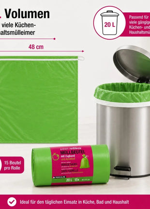 Müllbeutel mit Zugband 20L – Apfel Duft | Extrem Reißfest