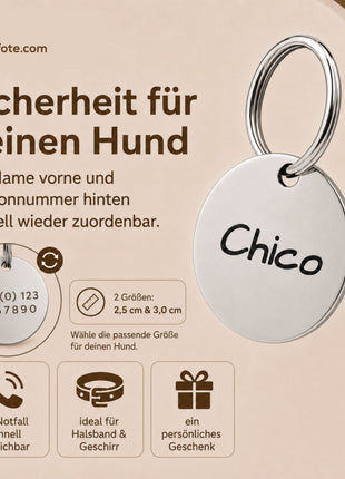 Hundemarke mit Gravur, Name und Telefon personalisiert, rund, 25mm oder 30mm in verschiedenen Farben