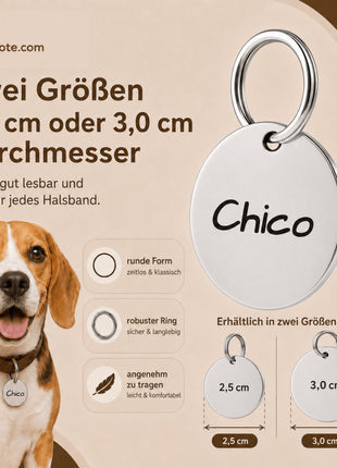 Hundemarke mit Gravur, Name und Telefon personalisiert, rund, 25mm oder 30mm in verschiedenen Farben