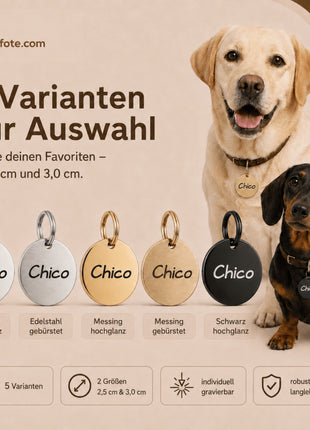 Hundemarke mit Gravur, Name und Telefon personalisiert, rund, 25mm oder 30mm in verschiedenen Farben