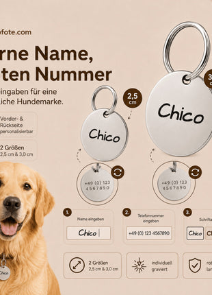 Hundemarke mit Gravur, Name und Telefon personalisiert, rund, 25mm oder 30mm in verschiedenen Farben