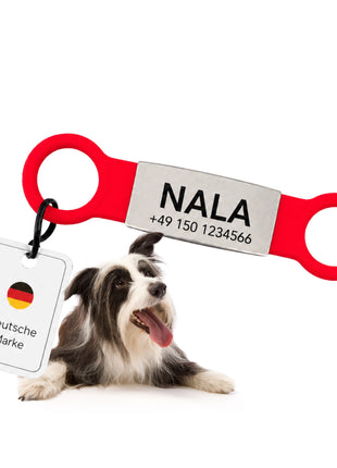 Klapperfreie Hundemarke Silikonslider mit Edelstahl-Schild für Halsbänder inkl. GRATIS Gravur