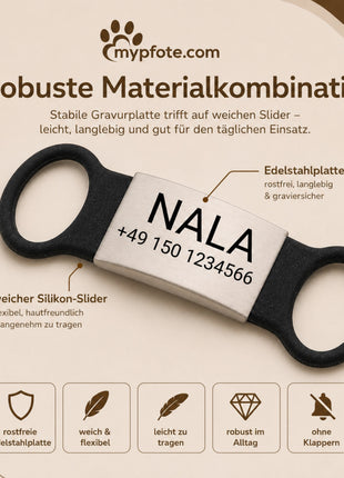 Klapperfreie Hundemarke Silikonslider mit Edelstahl-Schild für Halsbänder inkl. GRATIS Gravur