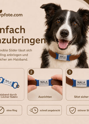 Klapperfreie Hundemarke Silikonslider mit Edelstahl-Schild für Halsbänder inkl. GRATIS Gravur