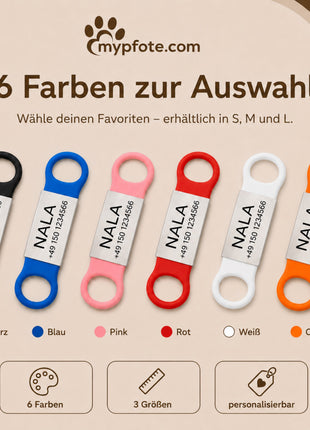 Klapperfreie Hundemarke Silikonslider mit Edelstahl-Schild für Halsbänder inkl. GRATIS Gravur