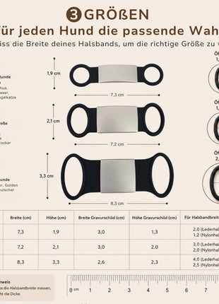Klapperfreie Hundemarke Silikonslider mit Edelstahl-Schild für Halsbänder inkl. GRATIS Gravur