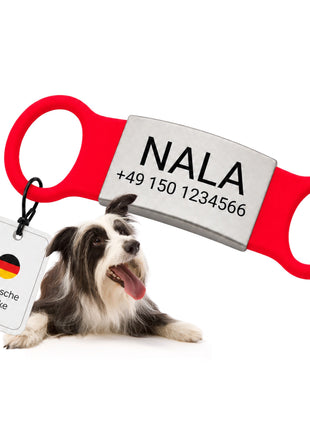 Klapperfreie Hundemarke Silikonslider mit Edelstahl-Schild für Halsbänder inkl. GRATIS Gravur
