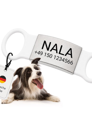 Klapperfreie Hundemarke Silikonslider mit Edelstahl-Schild für Halsbänder inkl. GRATIS Gravur