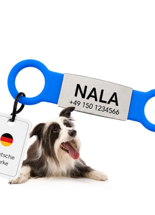 Klapperfreie Hundemarke Silikonslider mit Edelstahl-Schild für Halsbänder inkl. GRATIS Gravur