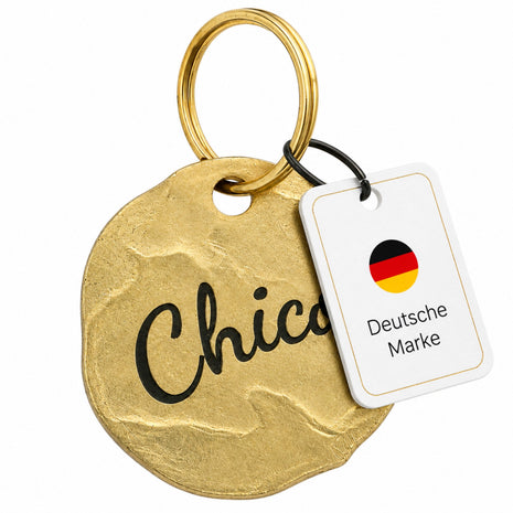 Extravagant vintage dog tag with personalized engraving, brass material, 25mm