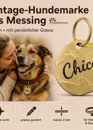 Extravagante Vintage Hundemarke mit Gravur personalisiert, Material Messing, 25mm