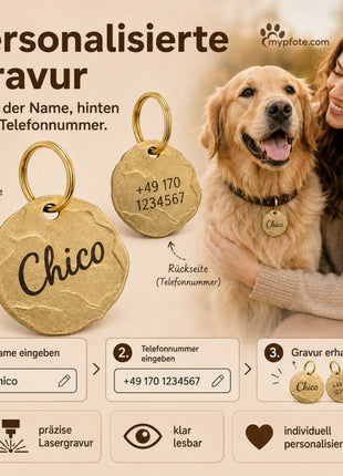 Extravagante Vintage Hundemarke mit Gravur personalisiert, Material Messing, 25mm