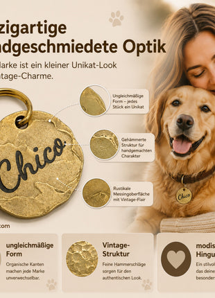 Extravagante Vintage Hundemarke mit Gravur personalisiert, Material Messing, 25mm