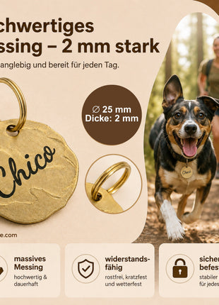 Extravagante Vintage Hundemarke mit Gravur personalisiert, Material Messing, 25mm