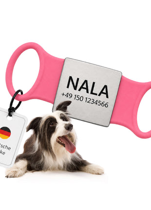 Klapperfreie Hundemarke Silikonslider mit Edelstahl-Schild für Halsbänder inkl. GRATIS Gravur