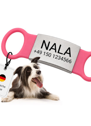 Klapperfreie Hundemarke Silikonslider mit Edelstahl-Schild für Halsbänder inkl. GRATIS Gravur