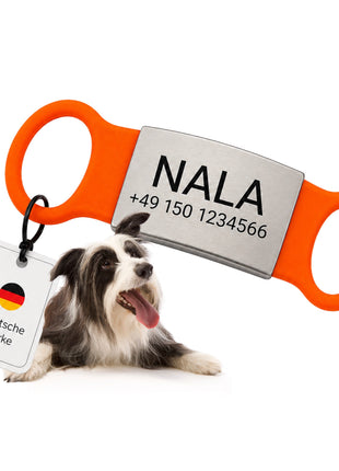 Klapperfreie Hundemarke Silikonslider mit Edelstahl-Schild für Halsbänder inkl. GRATIS Gravur