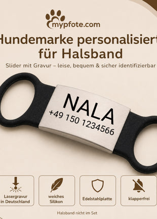 Klapperfreie Hundemarke Silikonslider mit Edelstahl-Schild für Halsbänder inkl. GRATIS Gravur