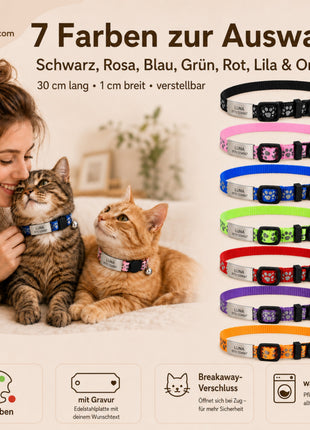 Katzenhalsband mit Name und Telefonnummer graviert