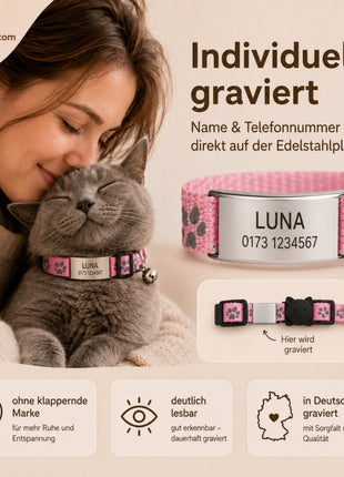 Katzenhalsband mit Name und Telefonnummer graviert