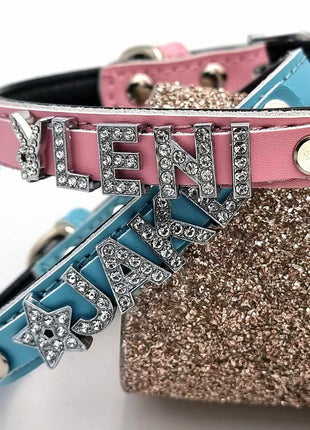 Edles Hundehalsband aus Leder personalisiert mit Glitzersteinen + Symbol