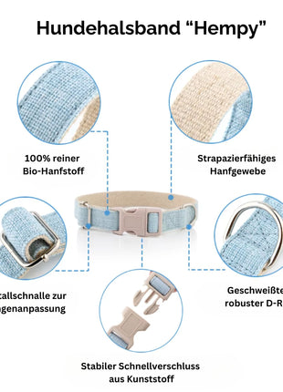 Hundehalsband-Set "Hempy" - Halsband + Leine + gravierte Hundemarke