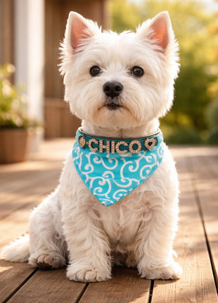 Hundehalstuch mit Namen und Hundehalsband aus echtem Leder. Besetzt mit glitzer Strass-Buchstaben