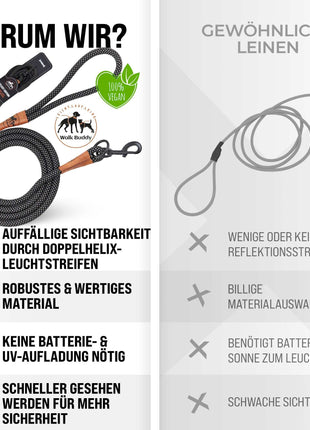 Reflektionsleine© mit Handschlaufe und veganem Leder