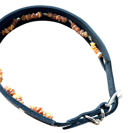 Hunde Lederhalsband mit integrierter Bernsteinkette