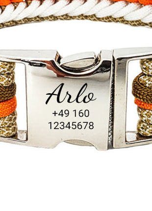 Arlo – Handgefertigtes Paracord Hundehalsband mit Gravur | Orange-Braun-Weiß-Beige