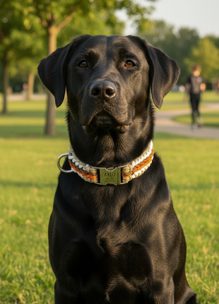 Arlo – Handgefertigtes Paracord Hundehalsband mit Gravur | Orange-Braun-Weiß-Beige