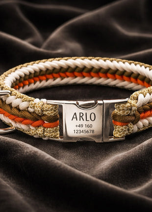 Arlo – Handgefertigtes Paracord Hundehalsband mit Gravur | Orange-Braun-Weiß-Beige