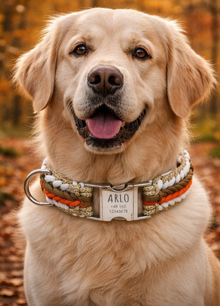 Arlo – Handgefertigtes Paracord Hundehalsband mit Gravur | Orange-Braun-Weiß-Beige