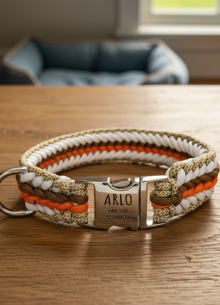 Arlo – Handgefertigtes Paracord Hundehalsband mit Gravur | Orange-Braun-Weiß-Beige
