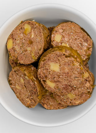Rind mit Kartoffel, Apfel und Hüttenkäse
