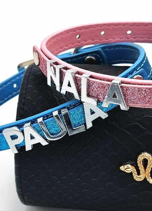 Stylish glitter dog collar with name made of rhinestone letters