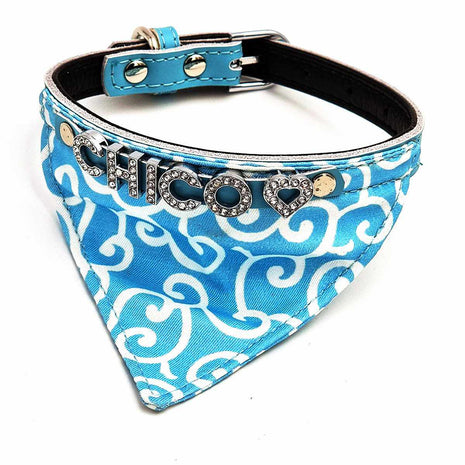 Personalized dog bandana and genuine leather dog collar. Decorated with sparkling rhinestone letters.