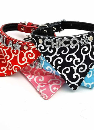 Hundehalstuch mit Namen und Hundehalsband aus echtem Leder. Besetzt mit glitzer Strass-Buchstaben